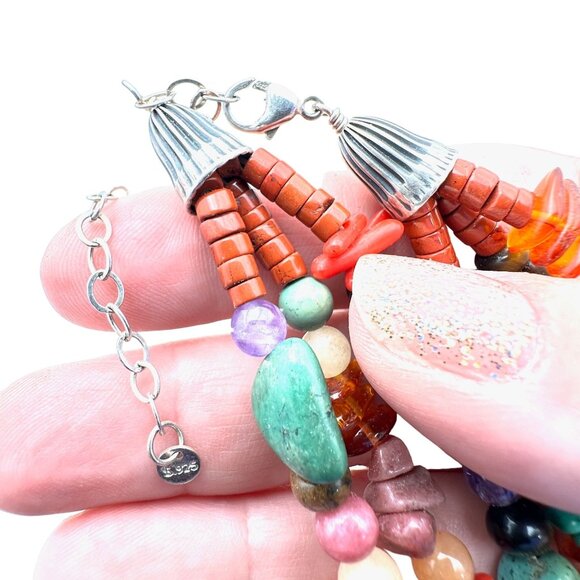 American Southwest Womens Necklace Sterling Silver Multi Strand Turquoise Amber - Picture 3 of 4